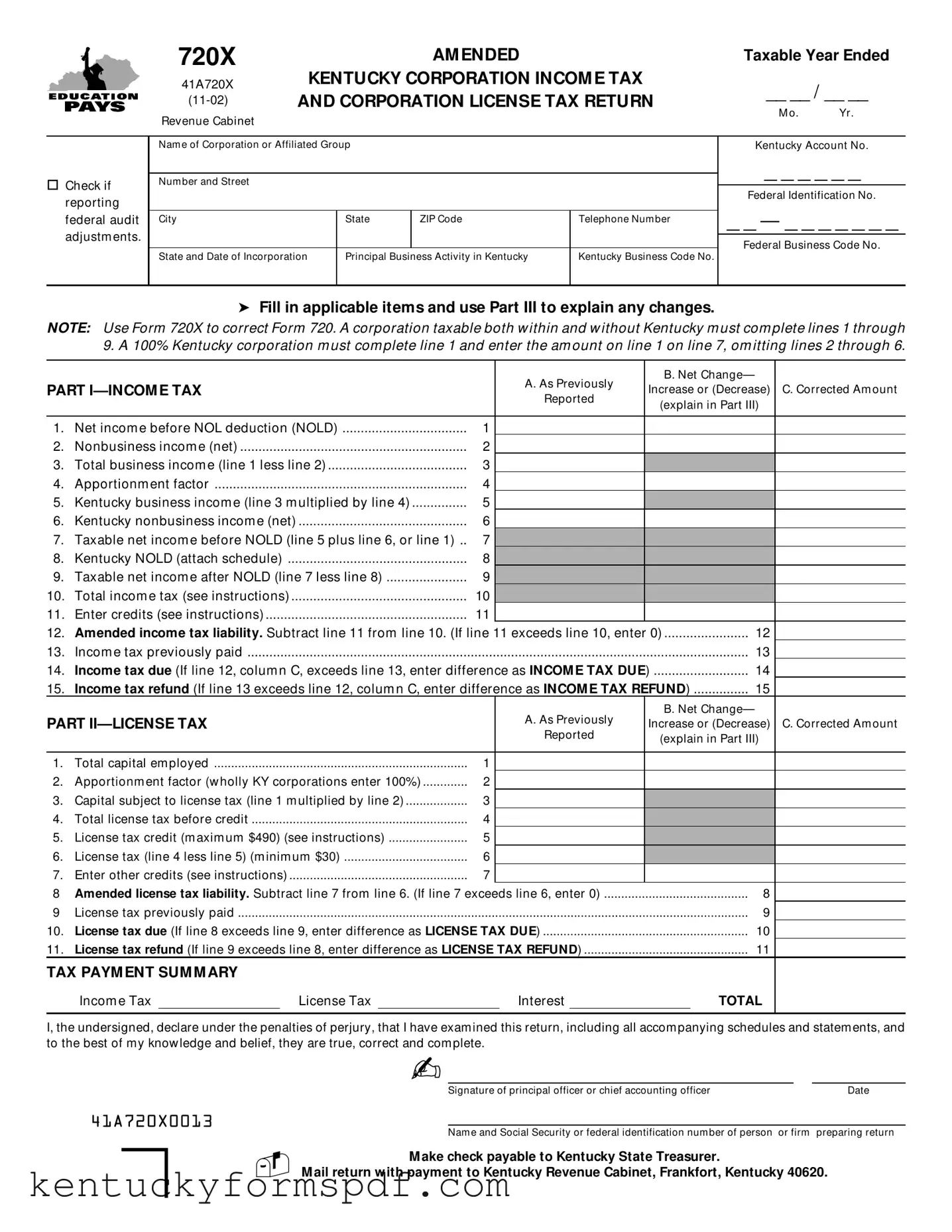 Fill in a Valid Kentucky 720X Template