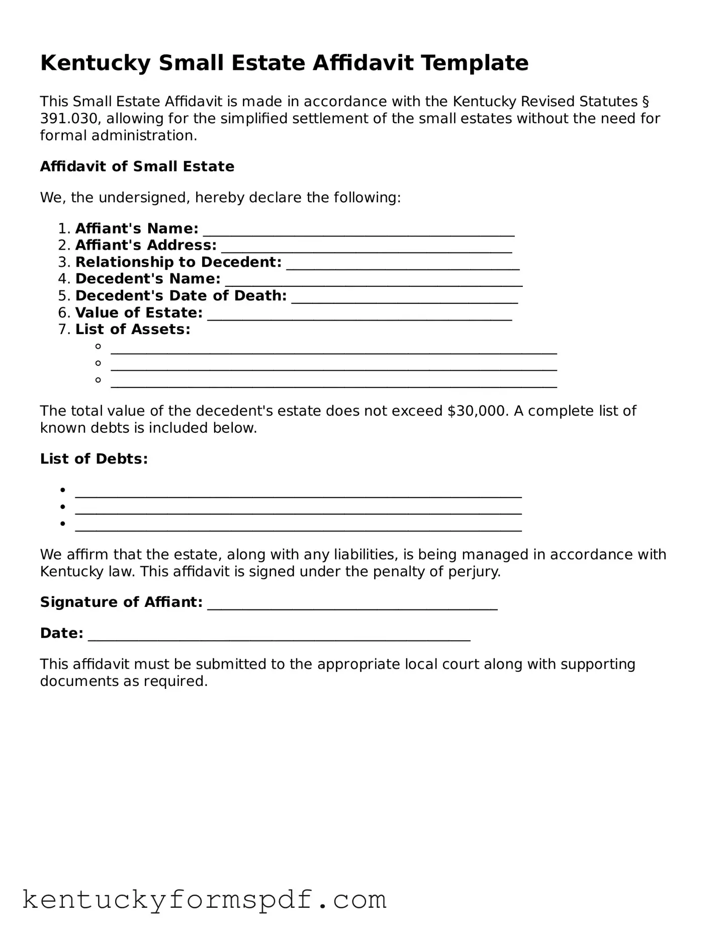Valid Small Estate Affidavit Template for Kentucky State