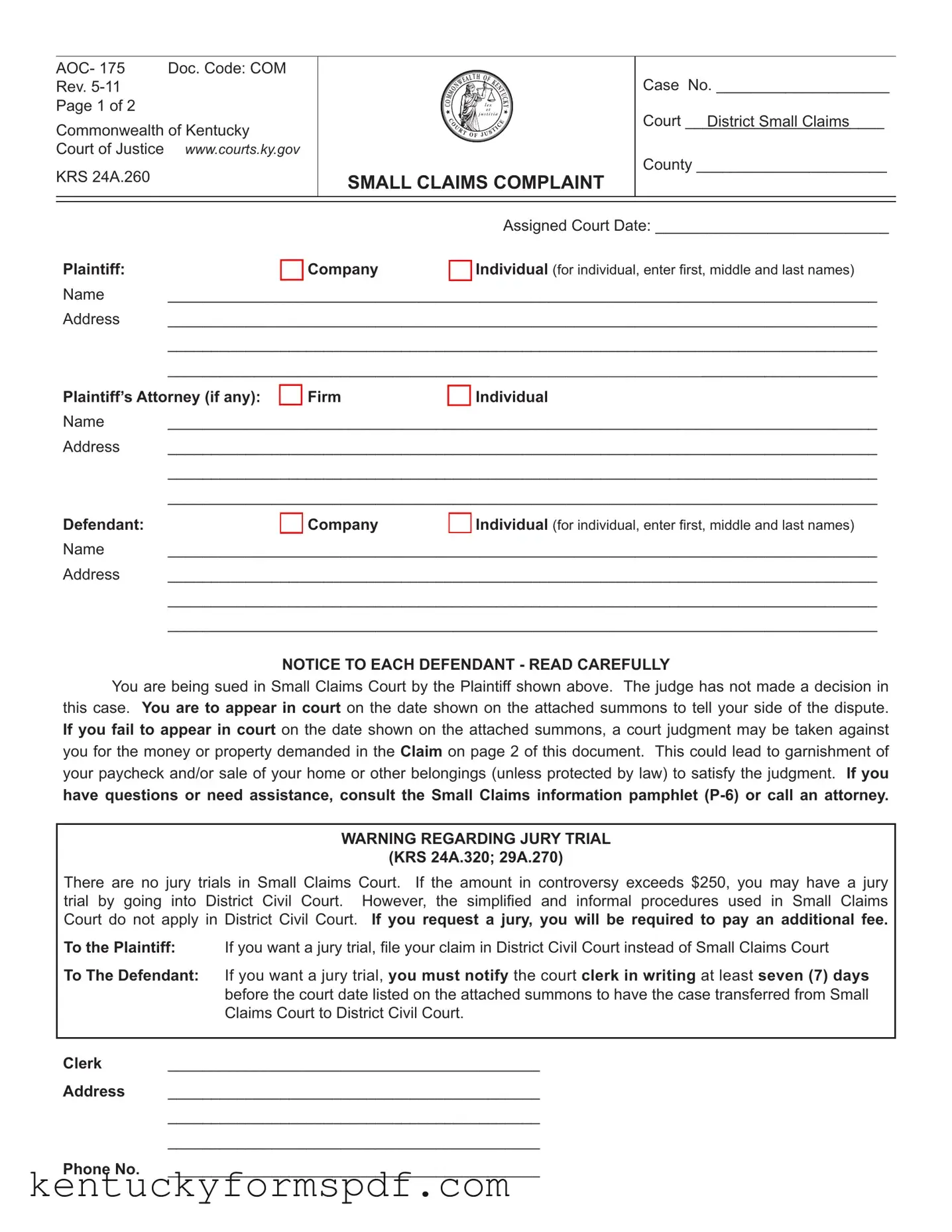 Fill in a Valid Kentucky Aoc 175 Template