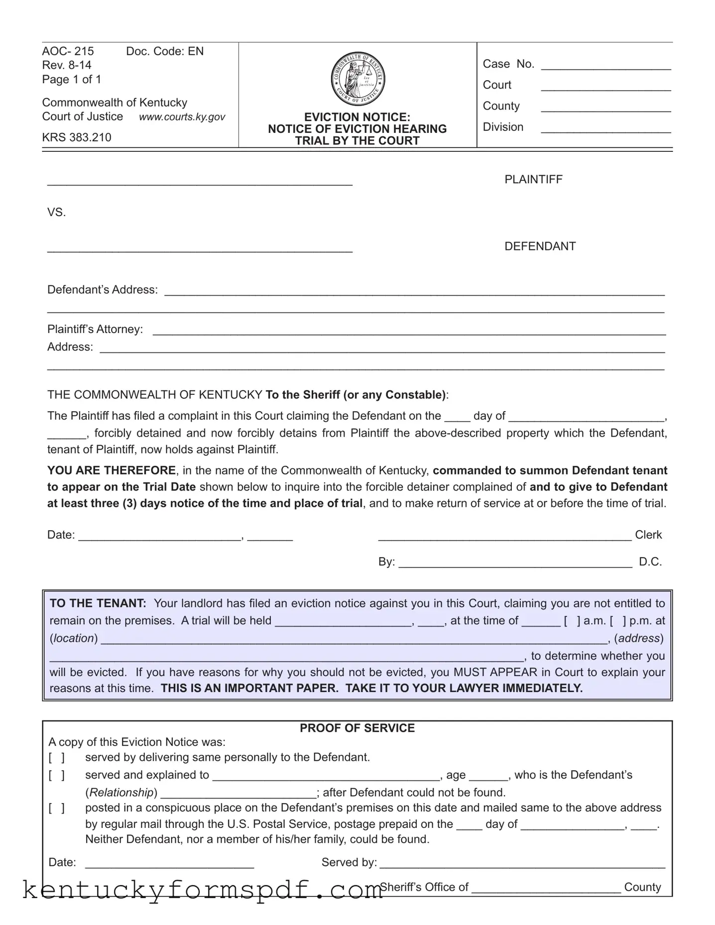 Fill in a Valid Kentucky Aoc 215 Template