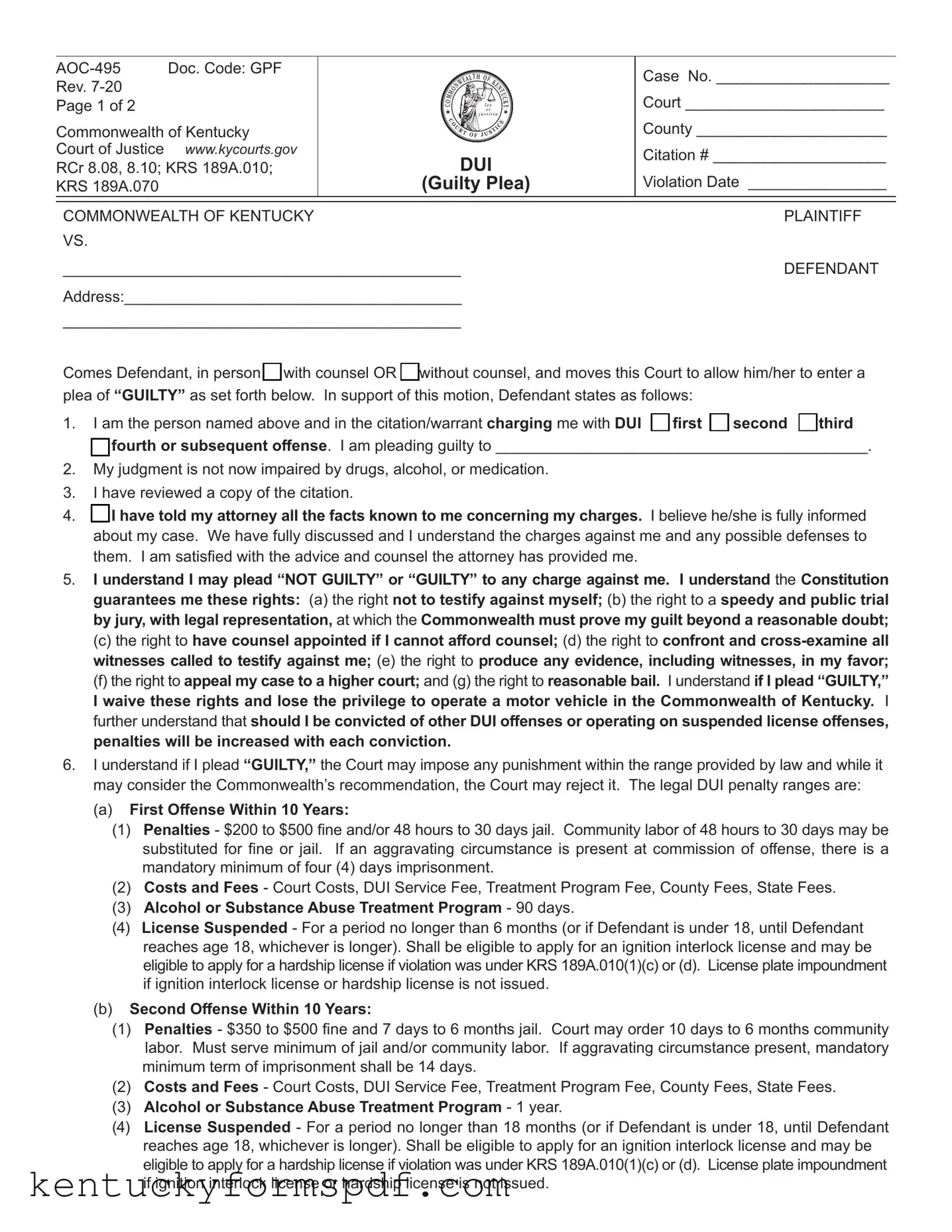 Fill in a Valid Kentucky Aoc 495 Template