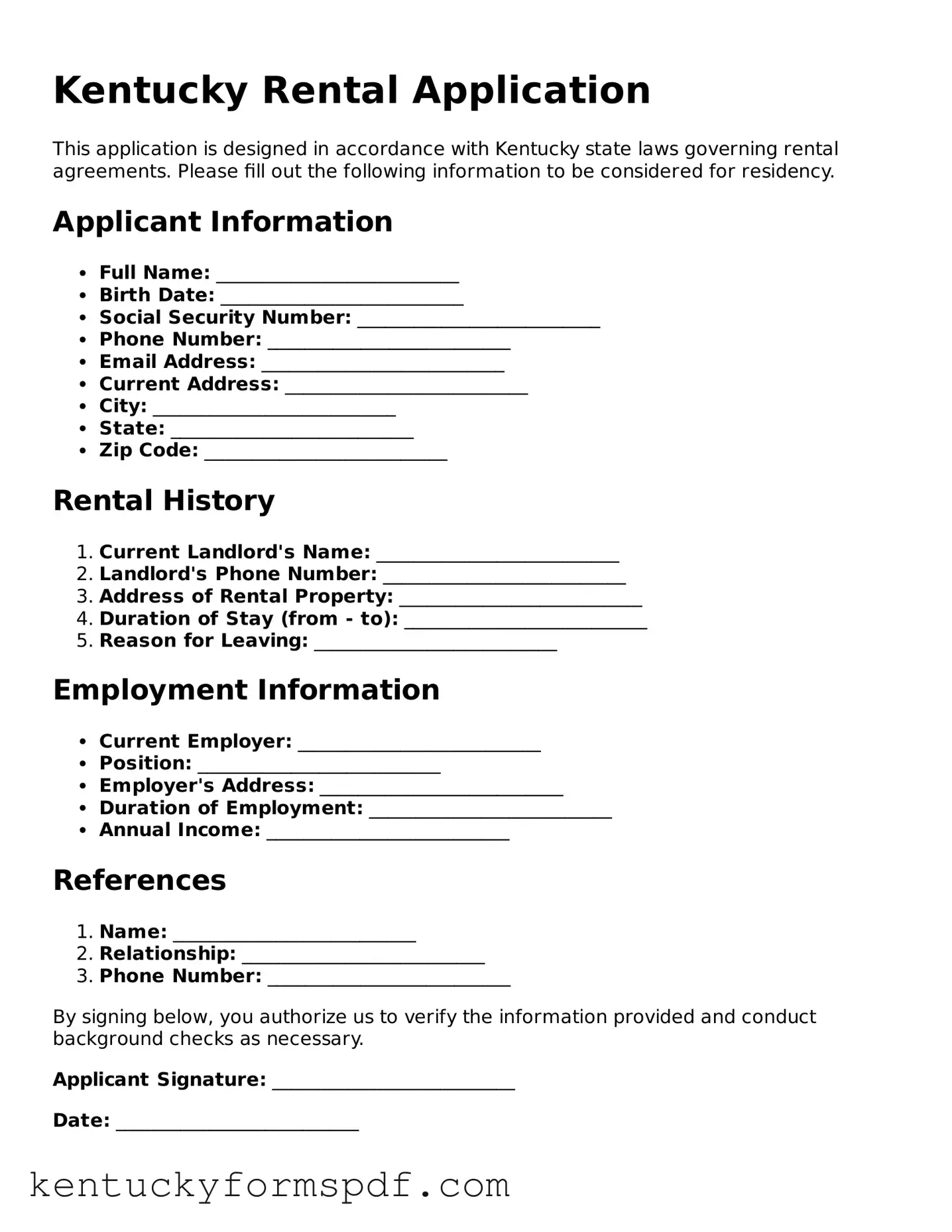 Valid Rental Application Template for Kentucky State