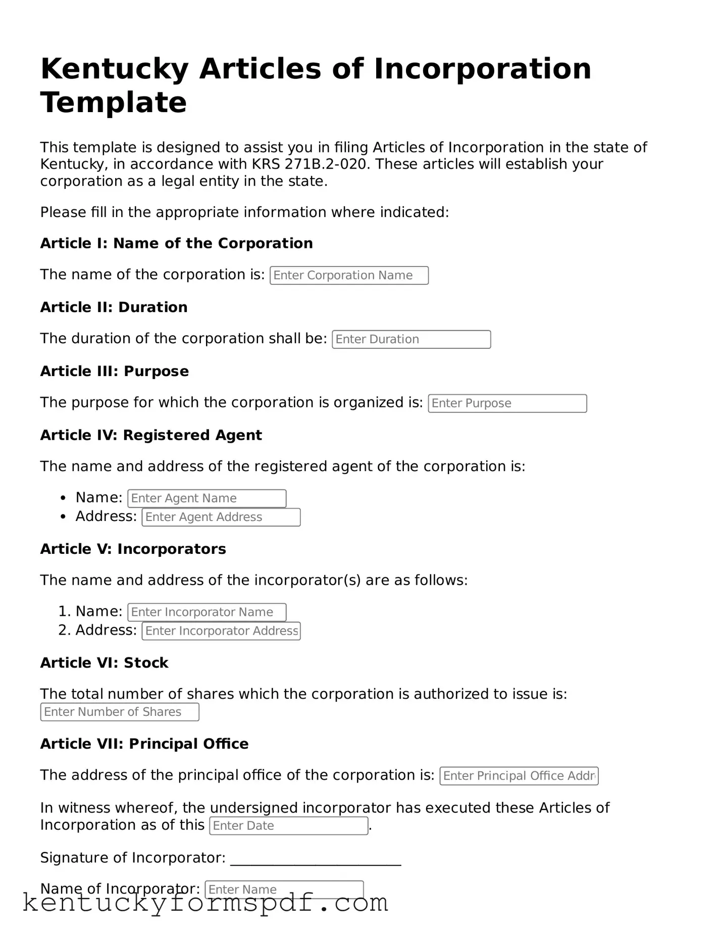 Valid Articles of Incorporation Template for Kentucky State