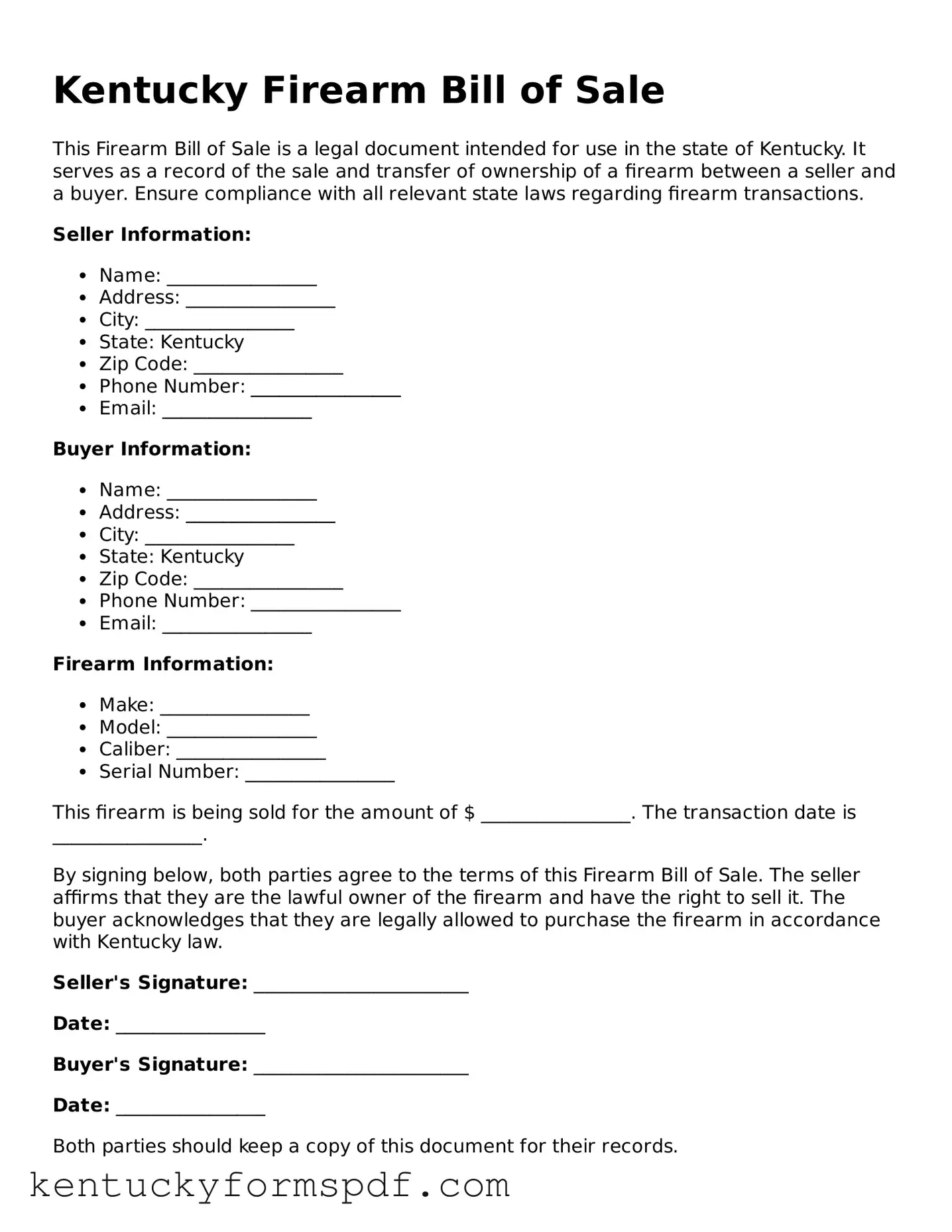 Valid Firearm Bill of Sale Template for Kentucky State