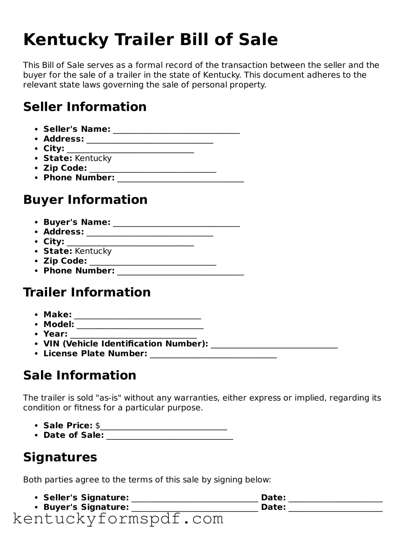 Valid Trailer Bill of Sale Template for Kentucky State