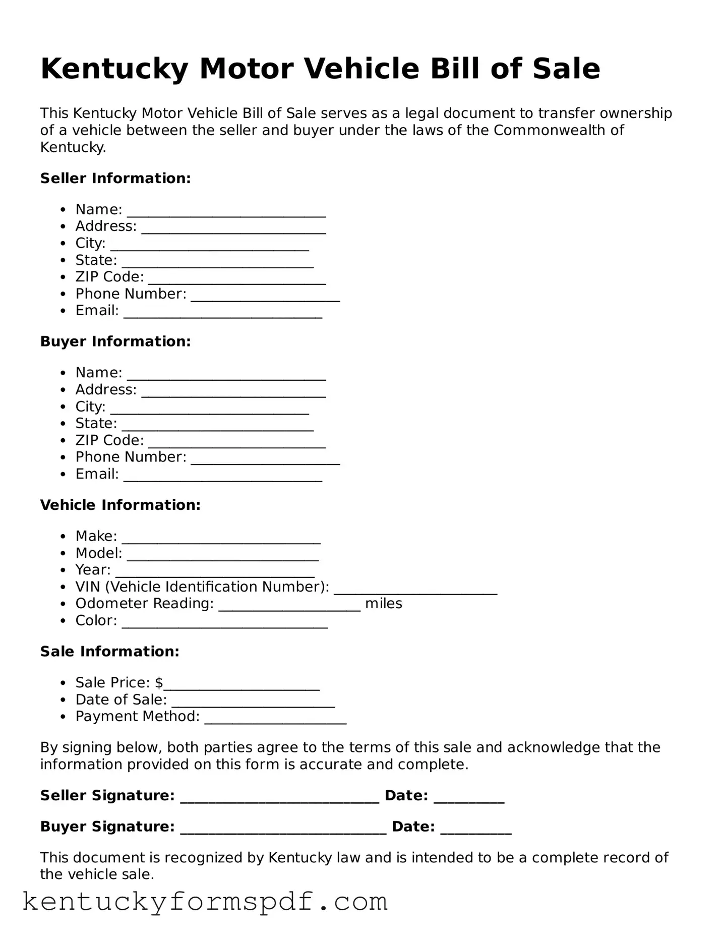 Valid Motor Vehicle Bill of Sale Template for Kentucky State