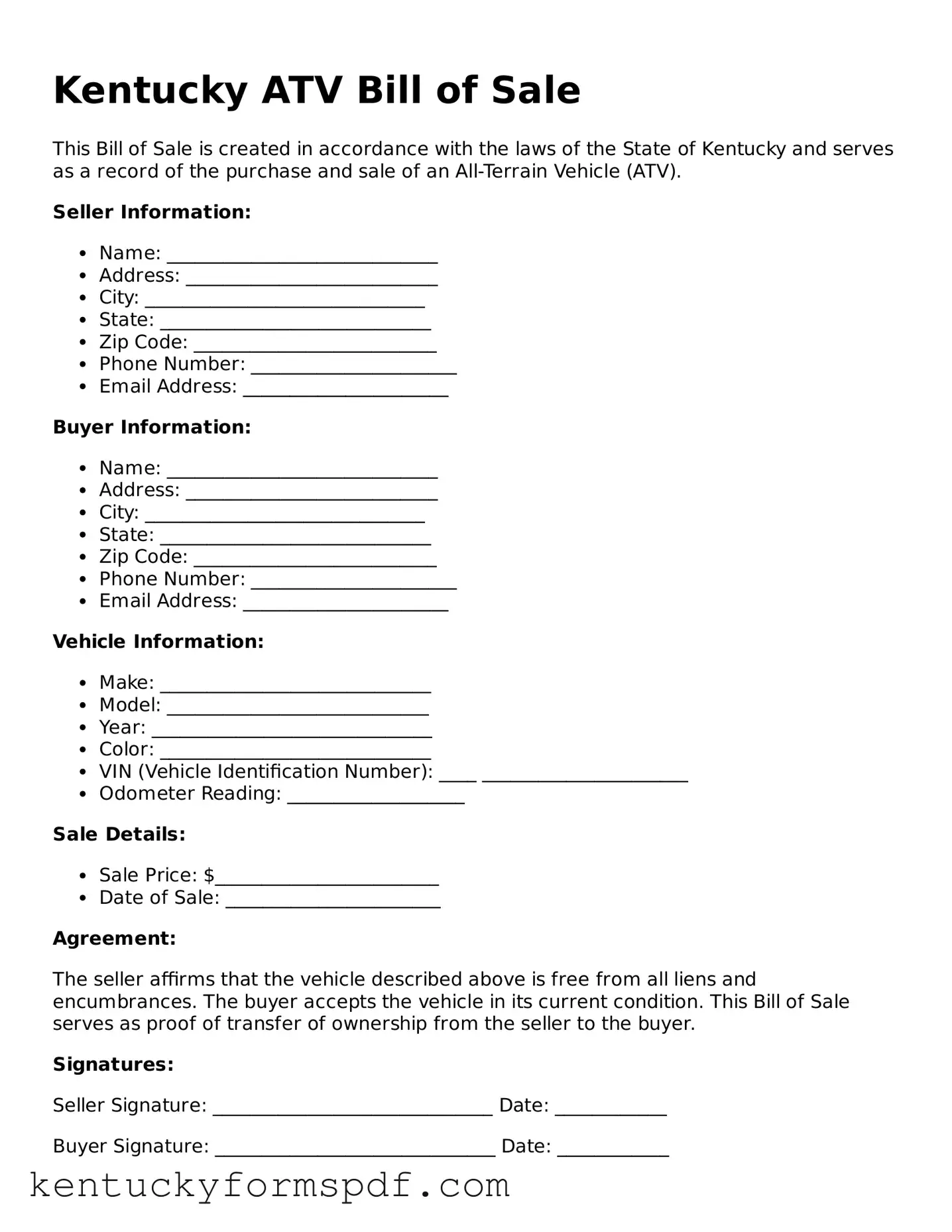 Valid ATV Bill of Sale Template for Kentucky State