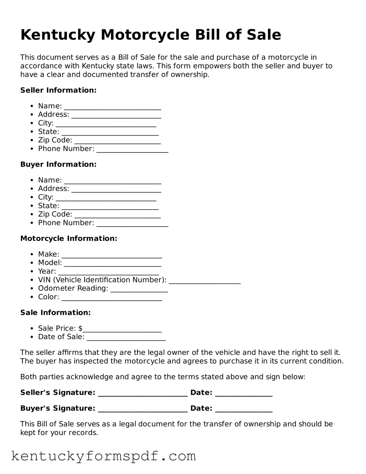 Valid Motorcycle Bill of Sale Template for Kentucky State