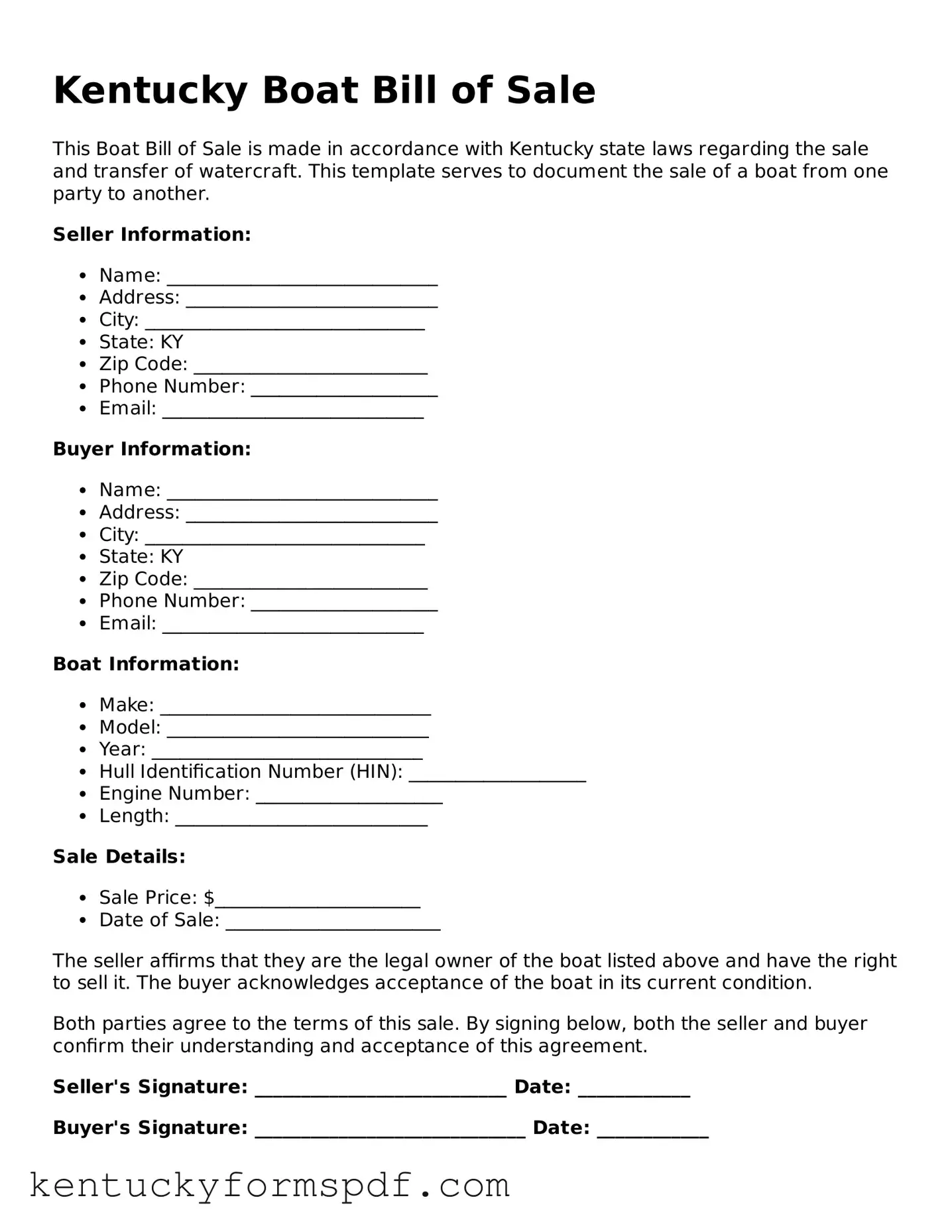 Valid Boat Bill of Sale Template for Kentucky State