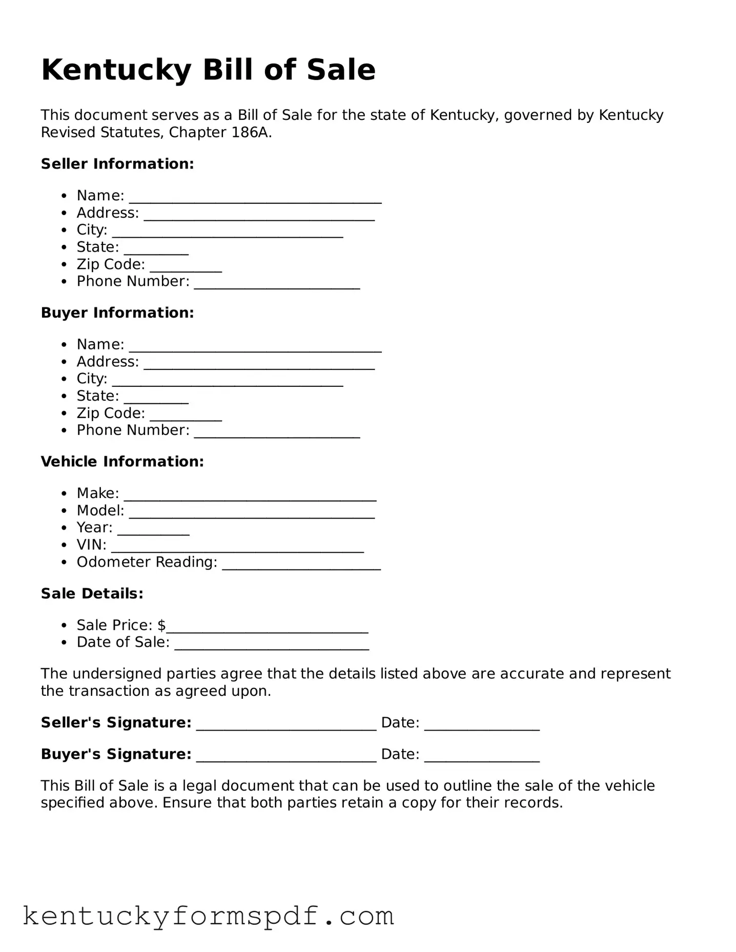Valid Bill of Sale Template for Kentucky State