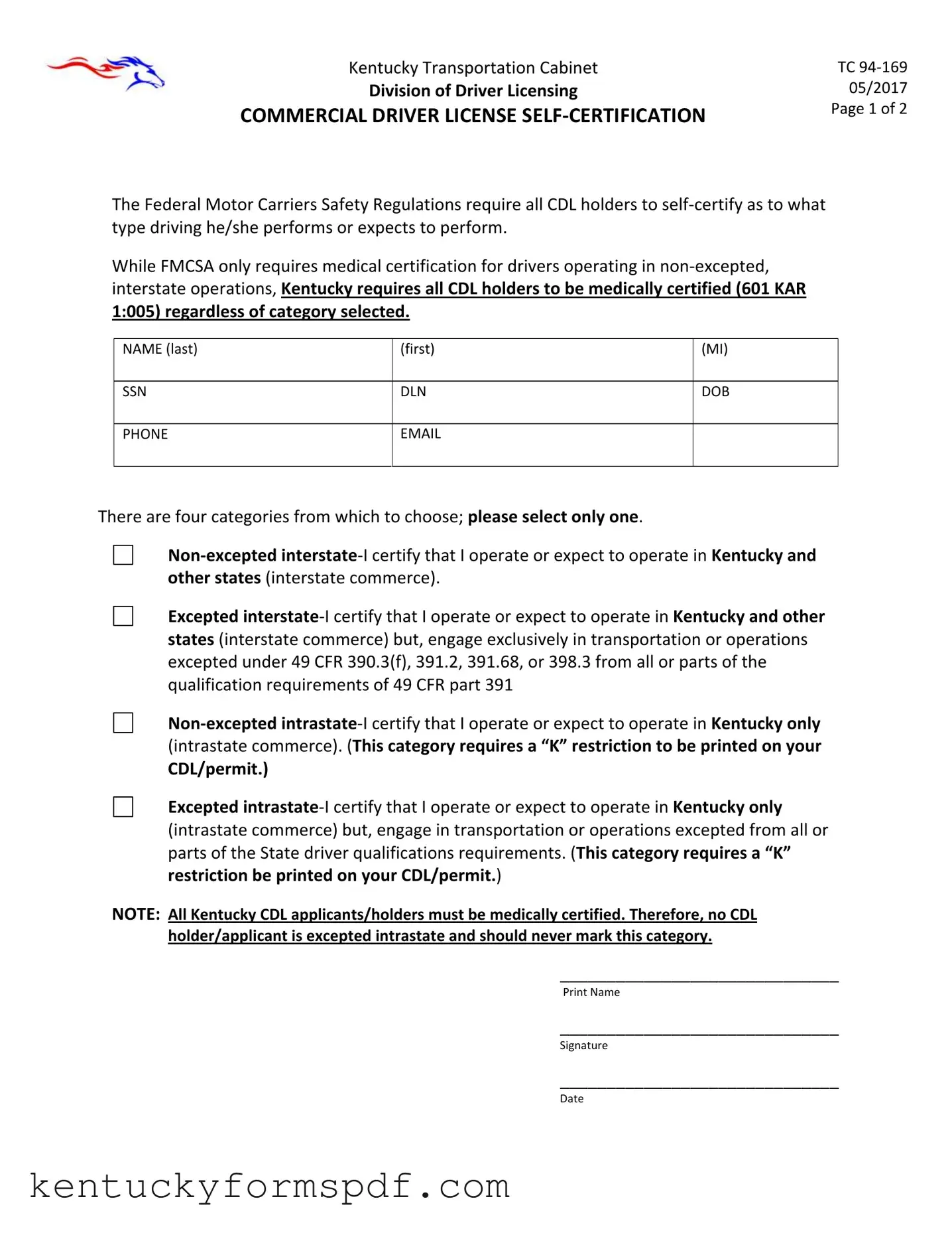 Fill in a Valid Kentucky Cdl Self Certification Template