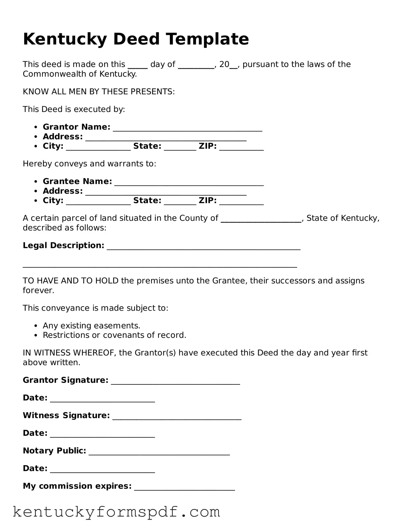 Valid Deed Template for Kentucky State