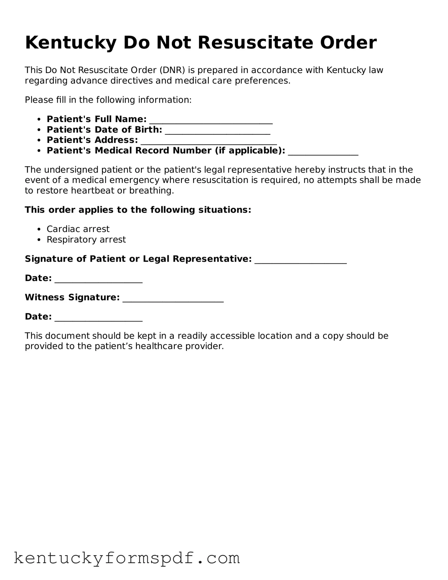 Valid Do Not Resuscitate Order Template for Kentucky State