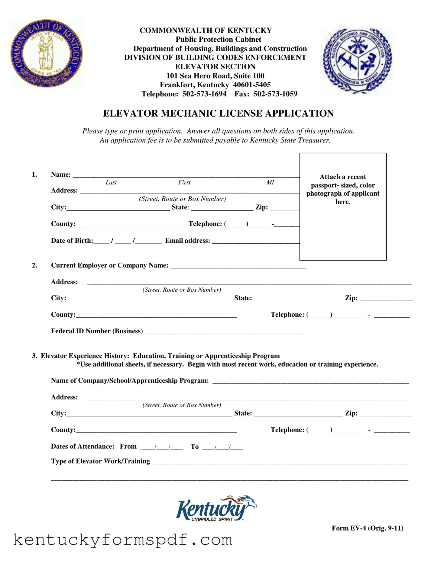 Fill in a Valid Kentucky Elevator Mechanic License Template
