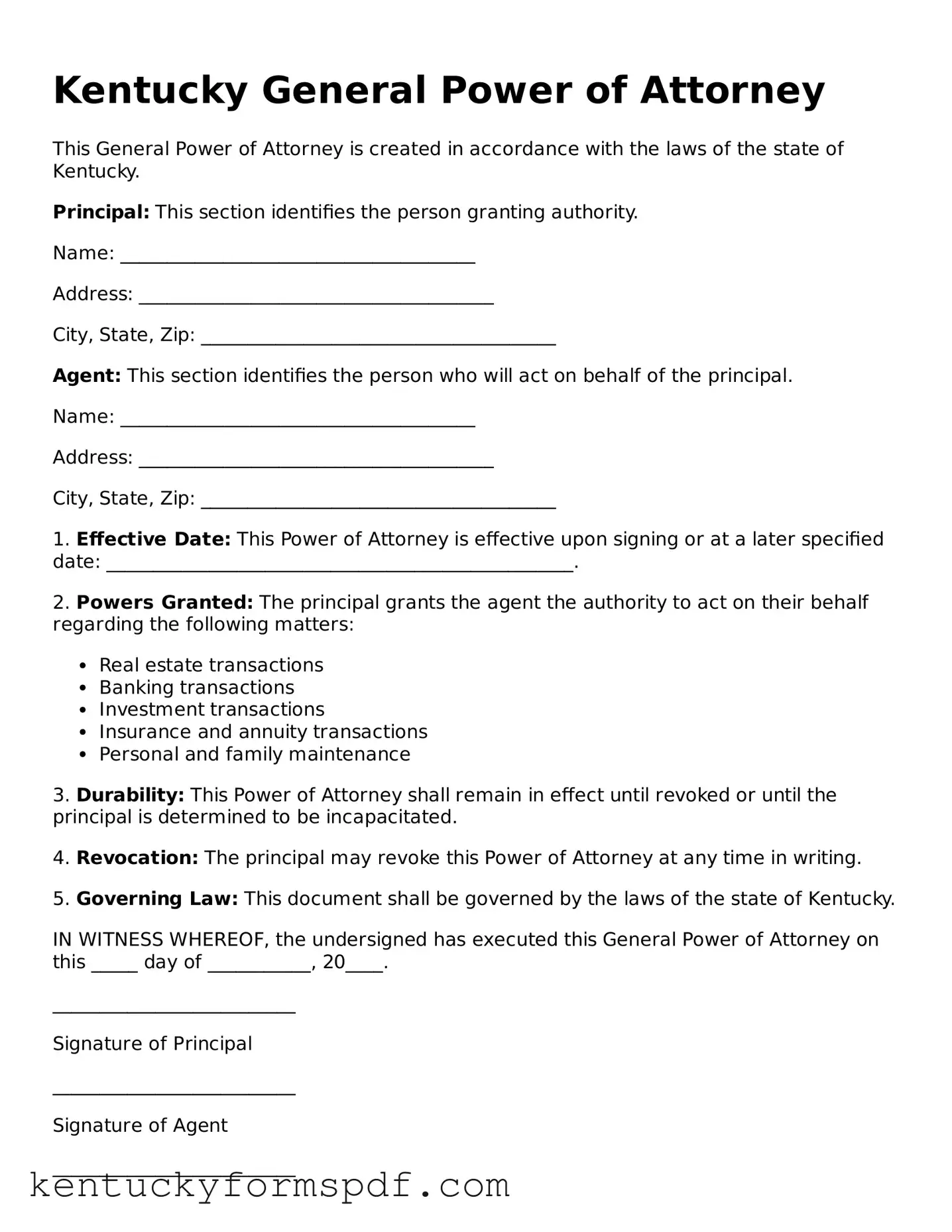 Valid General Power of Attorney Template for Kentucky State