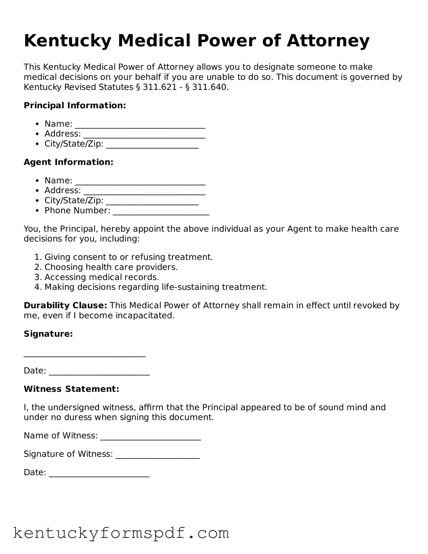 Valid Medical Power of Attorney Template for Kentucky State
