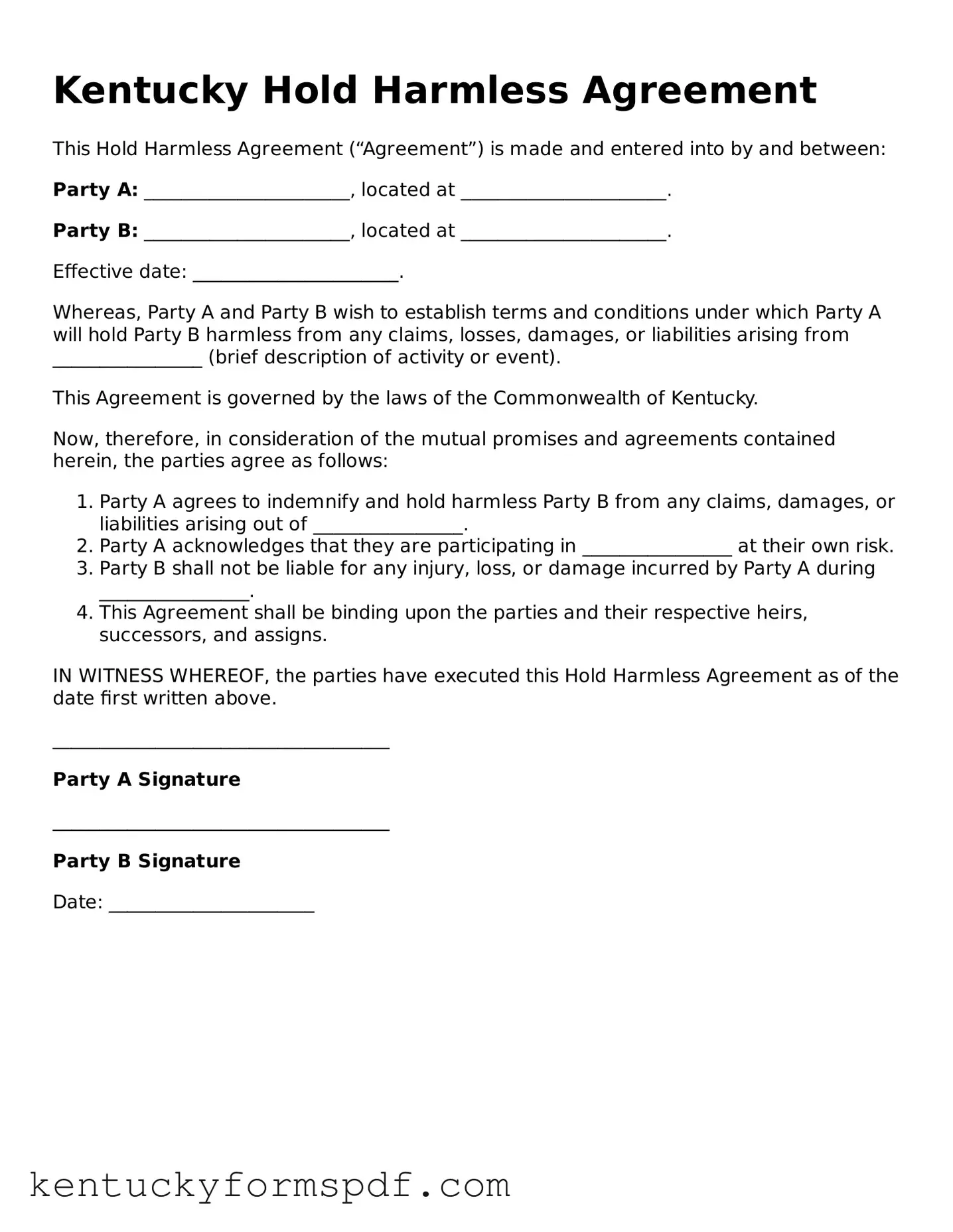 Valid Hold Harmless Agreement Template for Kentucky State