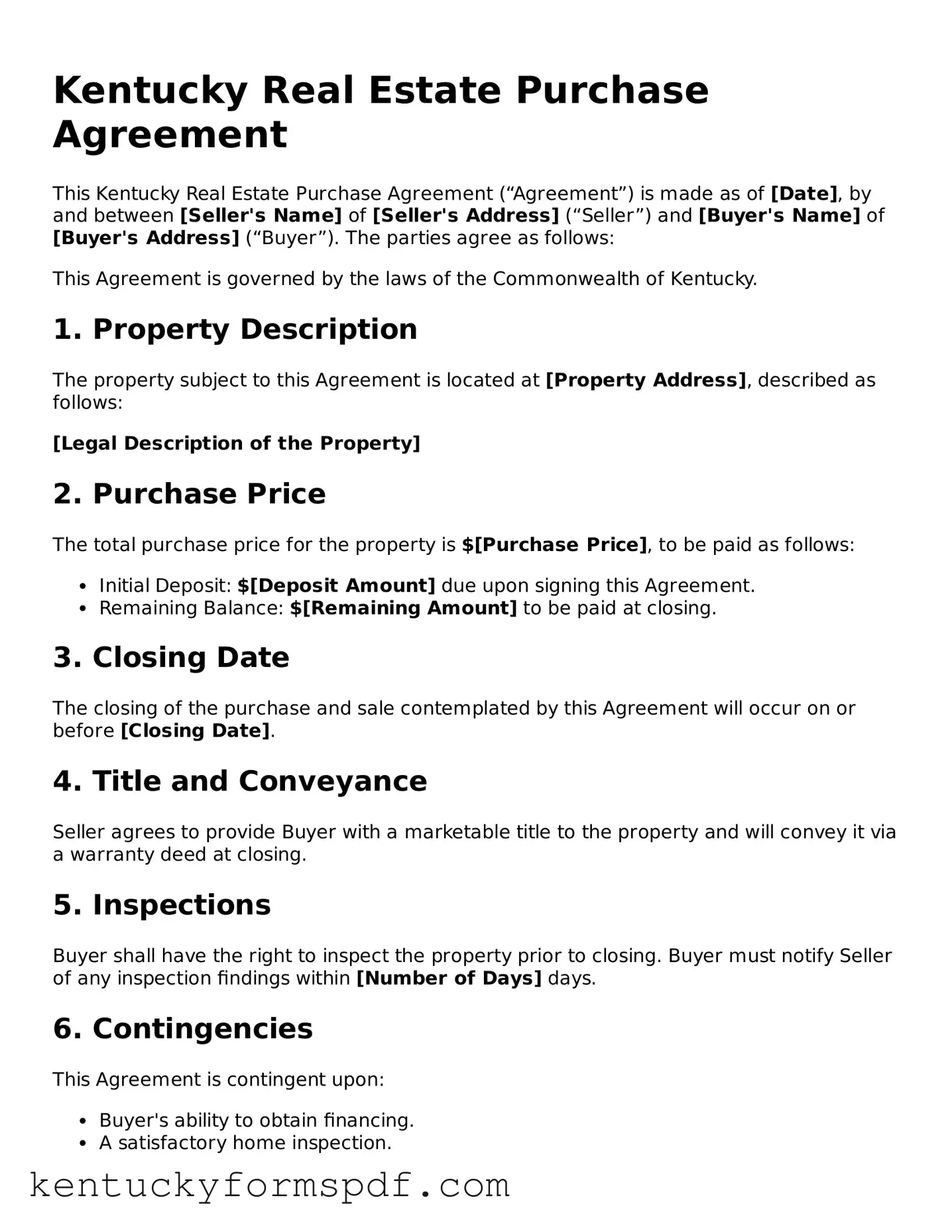Valid Real Estate Purchase Agreement Template for Kentucky State