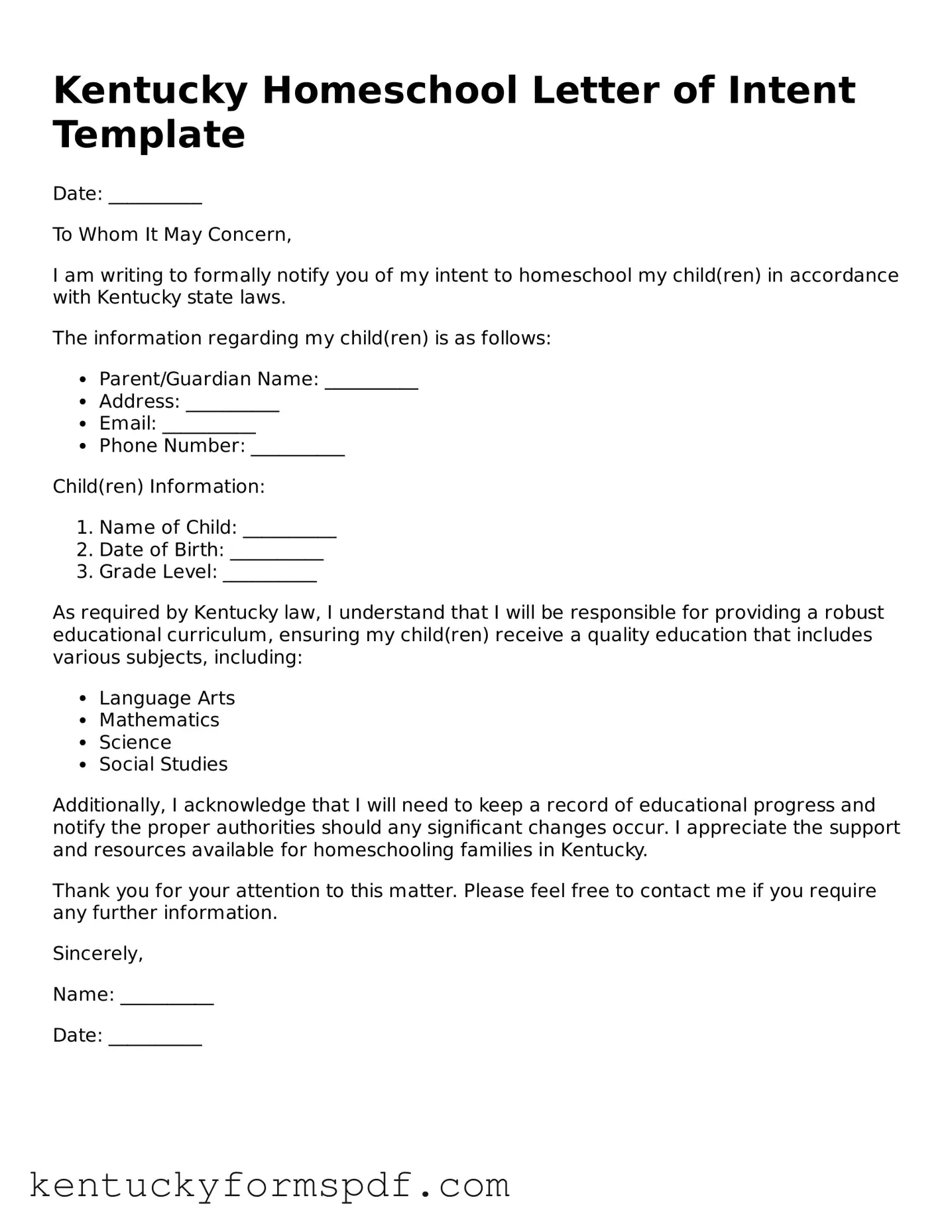 Valid Homeschool Letter of Intent Template for Kentucky State