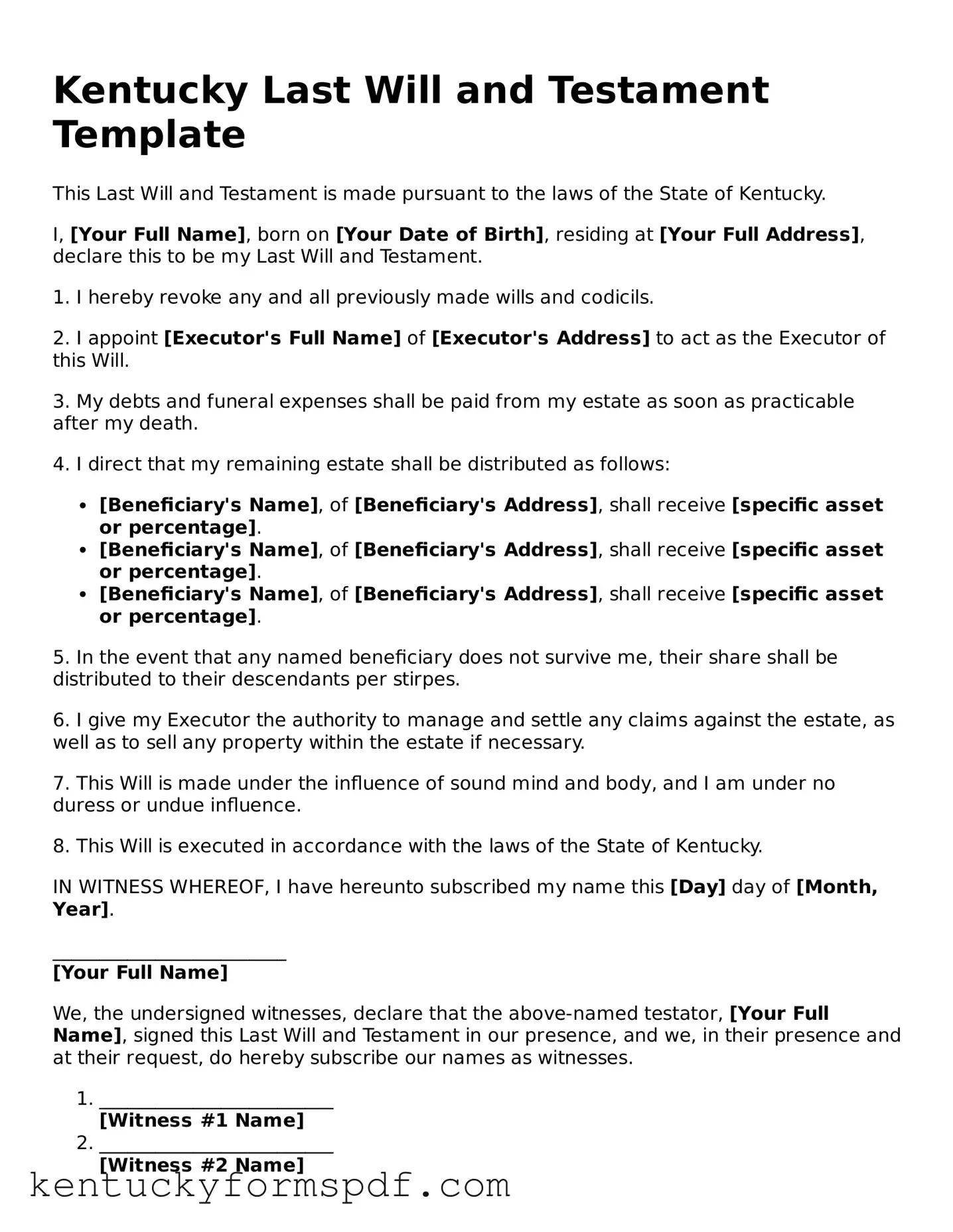Valid Last Will and Testament Template for Kentucky State