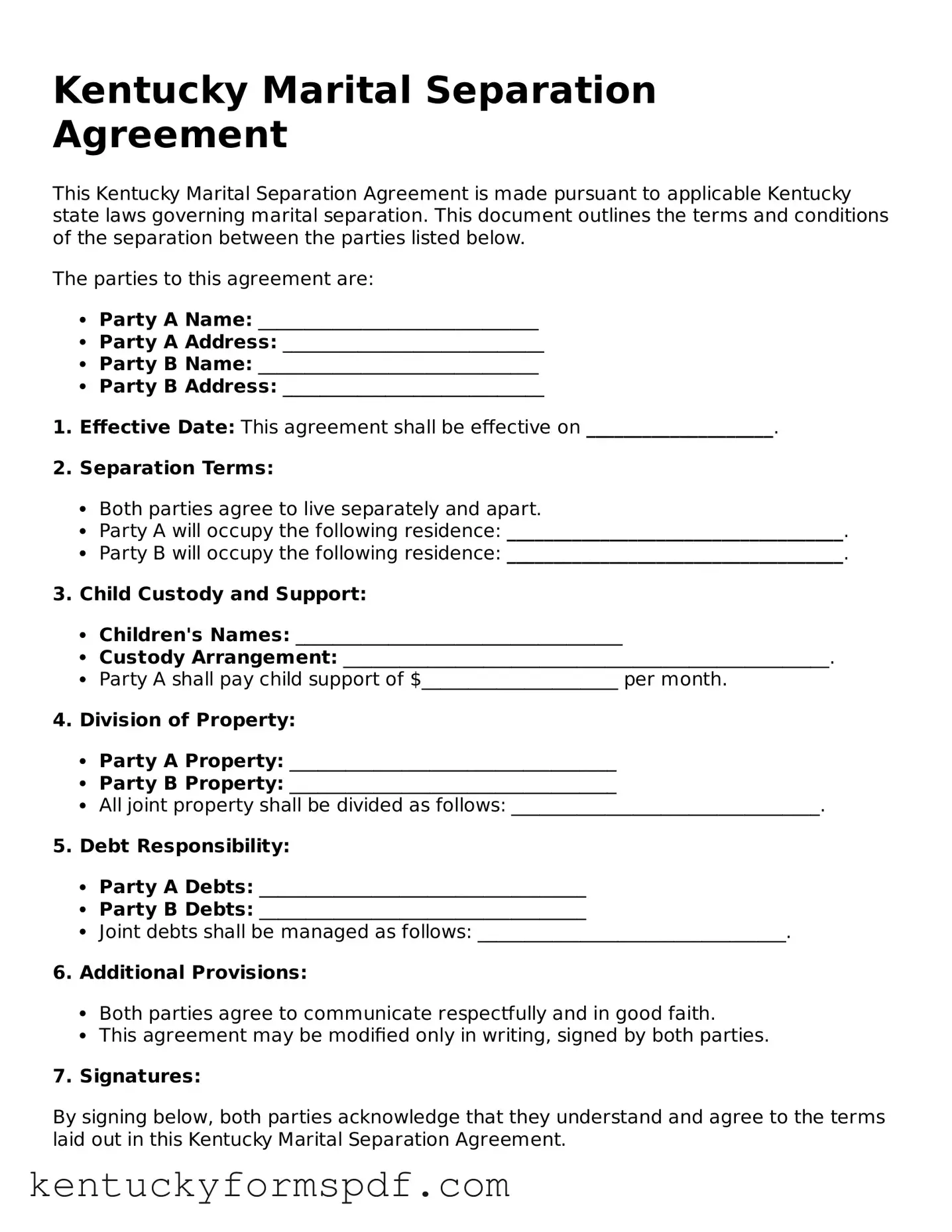 Valid Marital Separation Agreement Template for Kentucky State