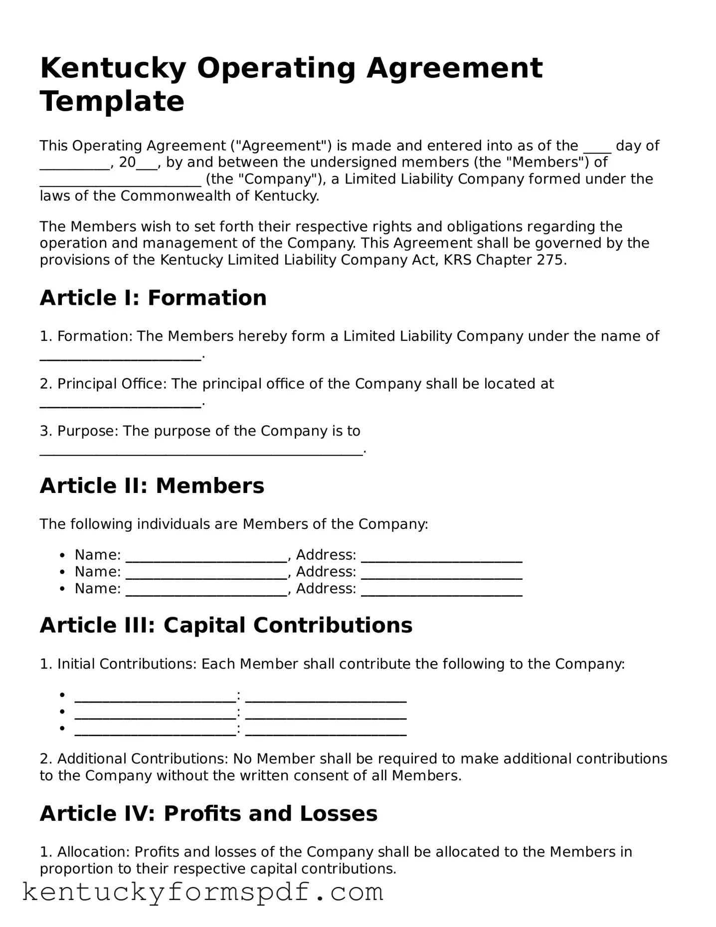 Valid Operating Agreement Template for Kentucky State