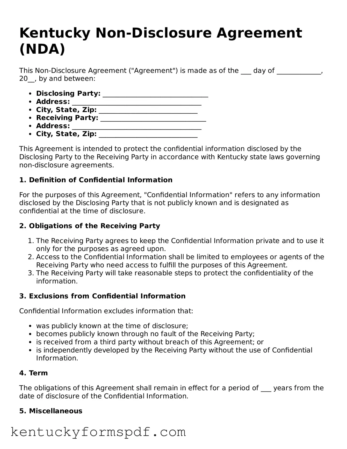 Valid Non-disclosure Agreement Template for Kentucky State
