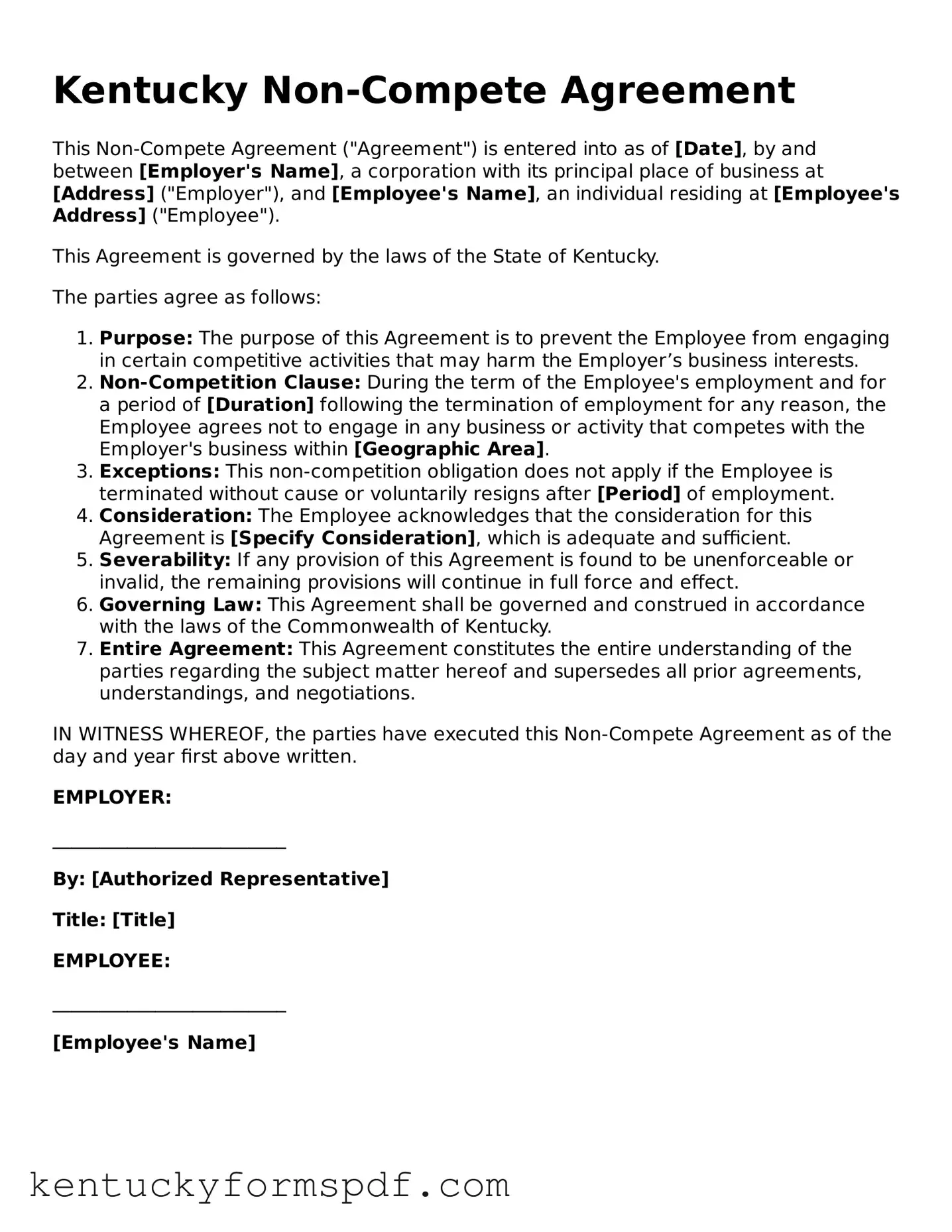 Valid Non-compete Agreement Template for Kentucky State