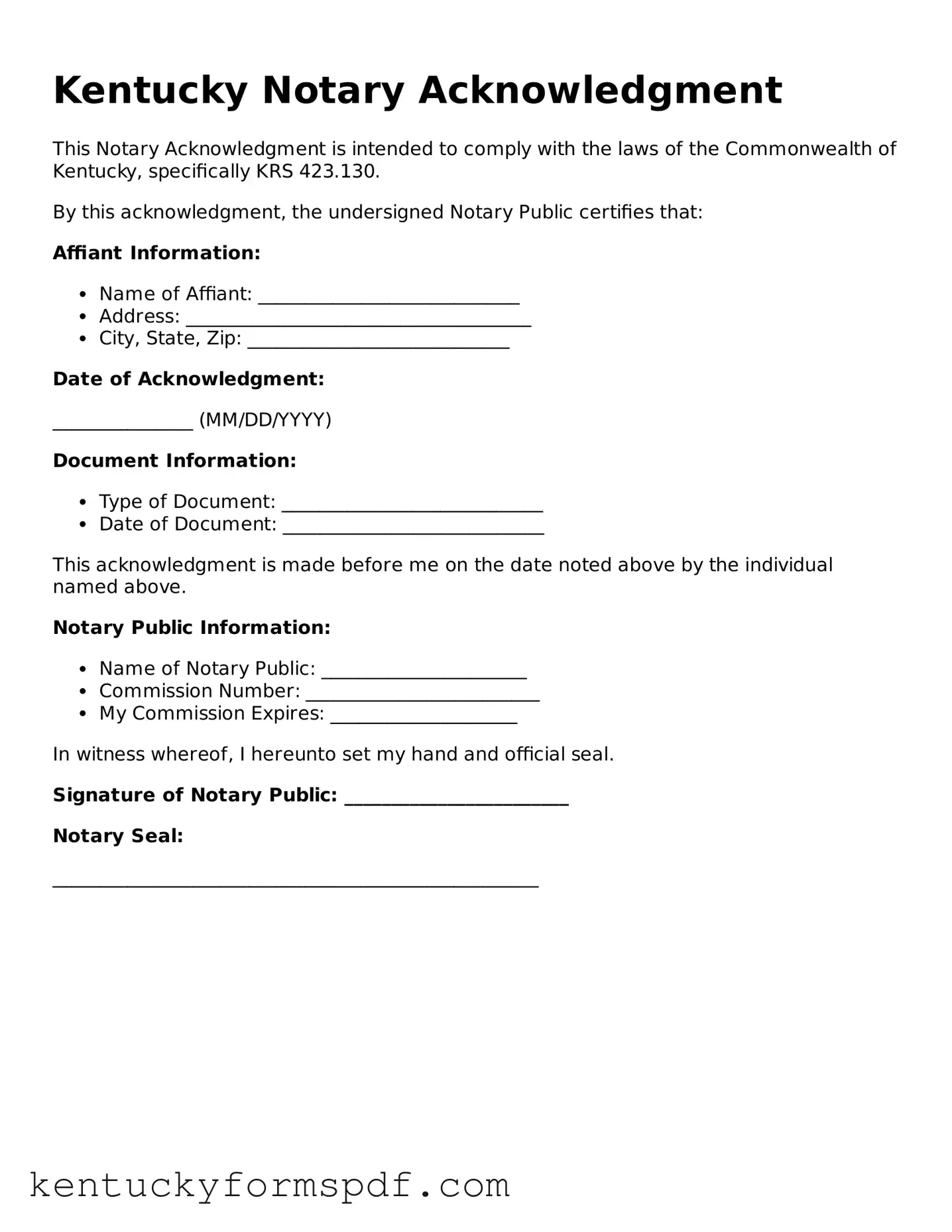 Valid Notary Acknowledgement Template for Kentucky State