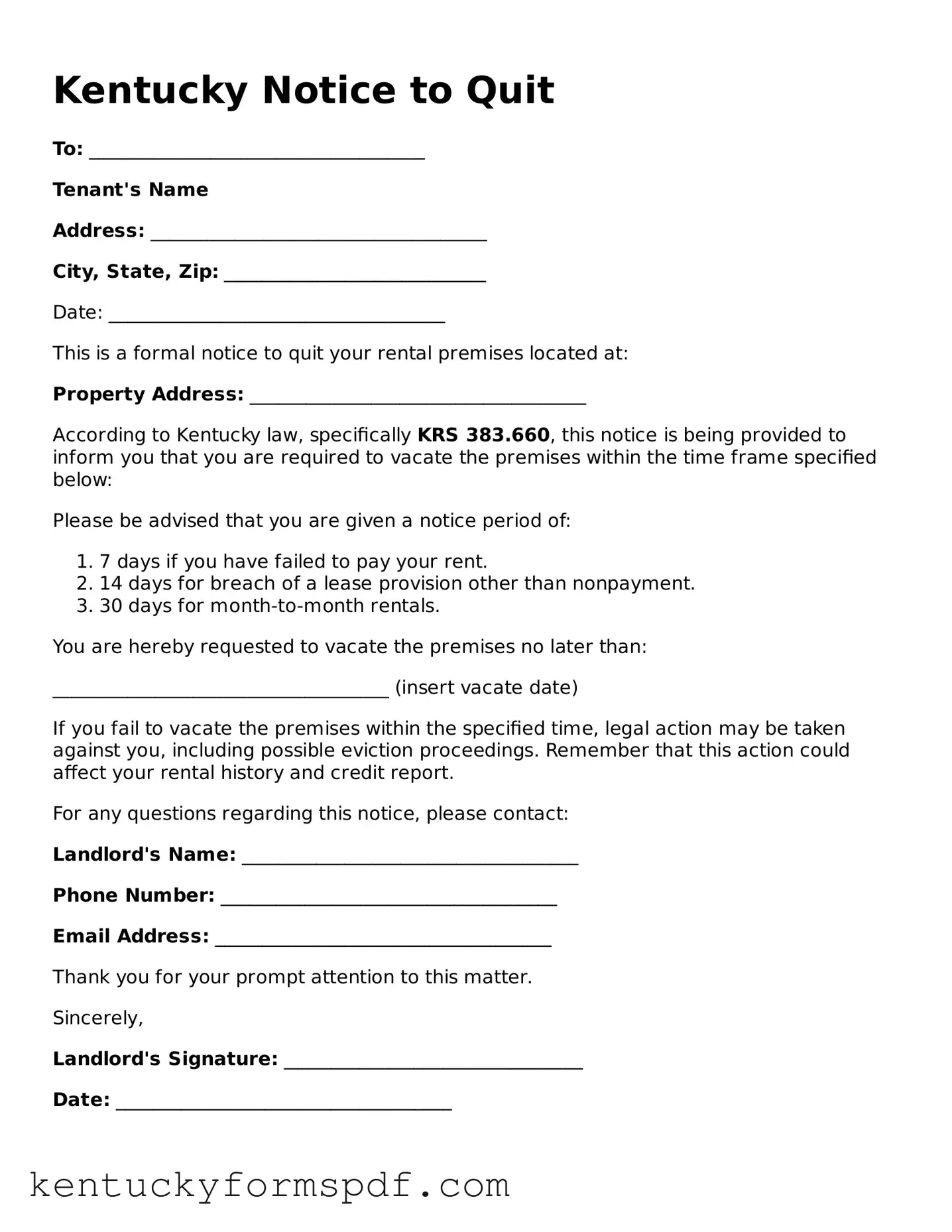 Valid Notice to Quit Template for Kentucky State