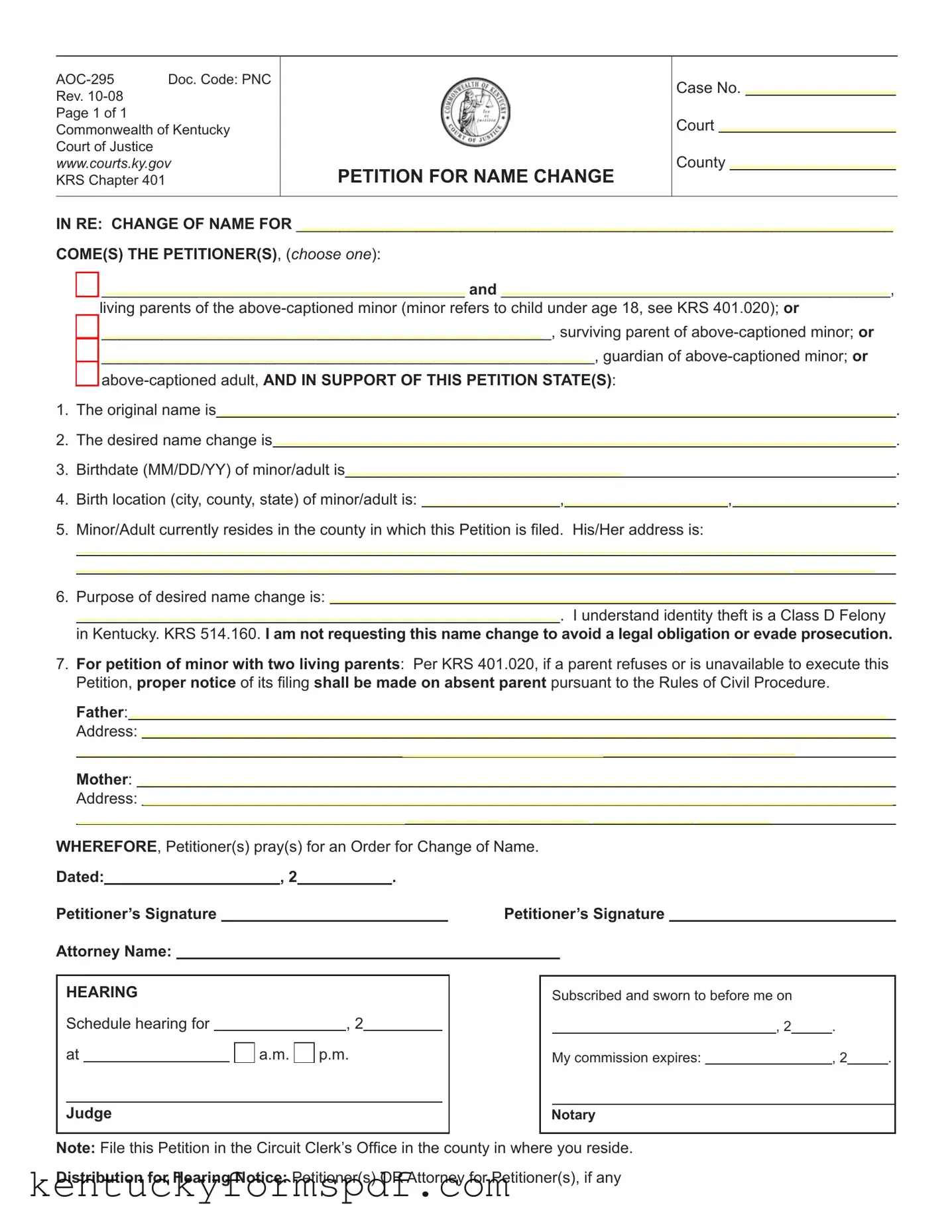 Fill in a Valid Kentucky Petition Name Change Template