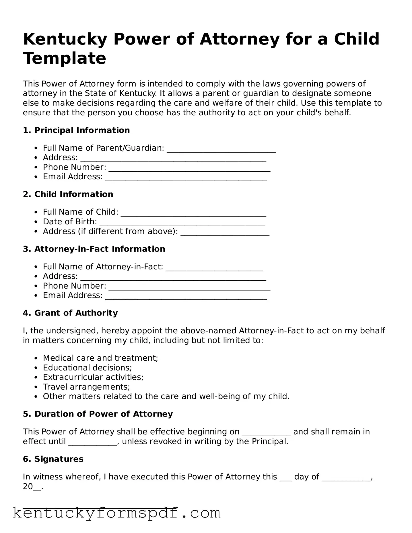 Valid Power of Attorney for a Child Template for Kentucky State