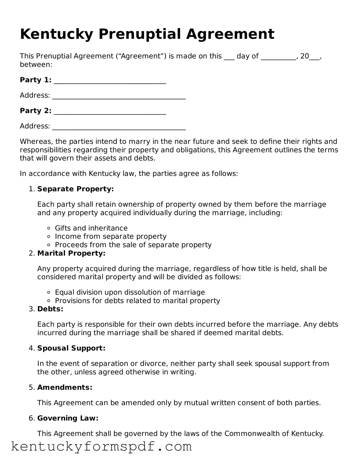 Valid Prenuptial Agreement Template for Kentucky State