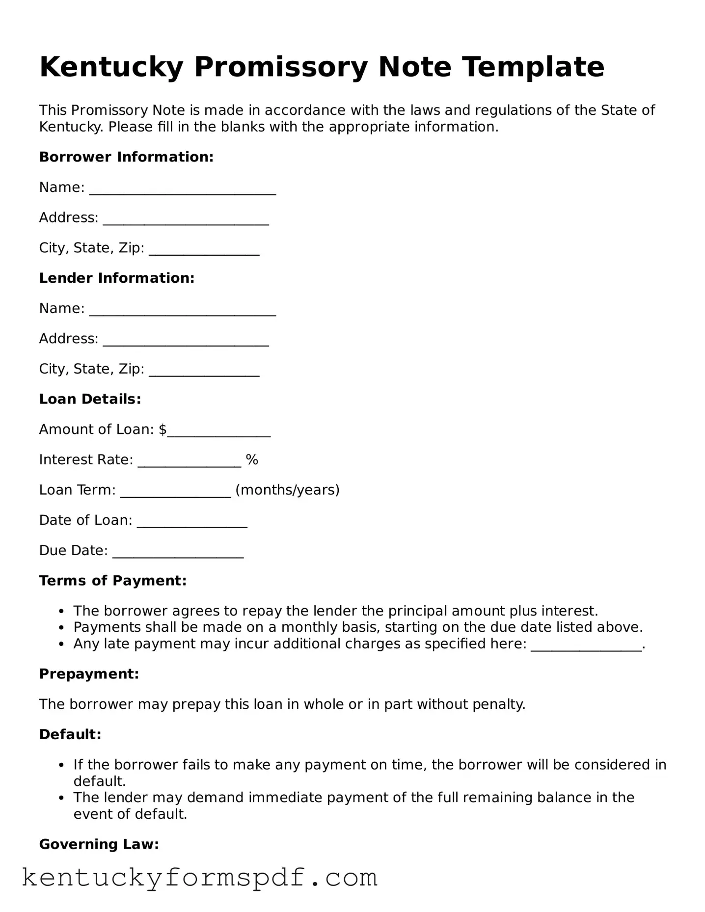 Valid Promissory Note Template for Kentucky State