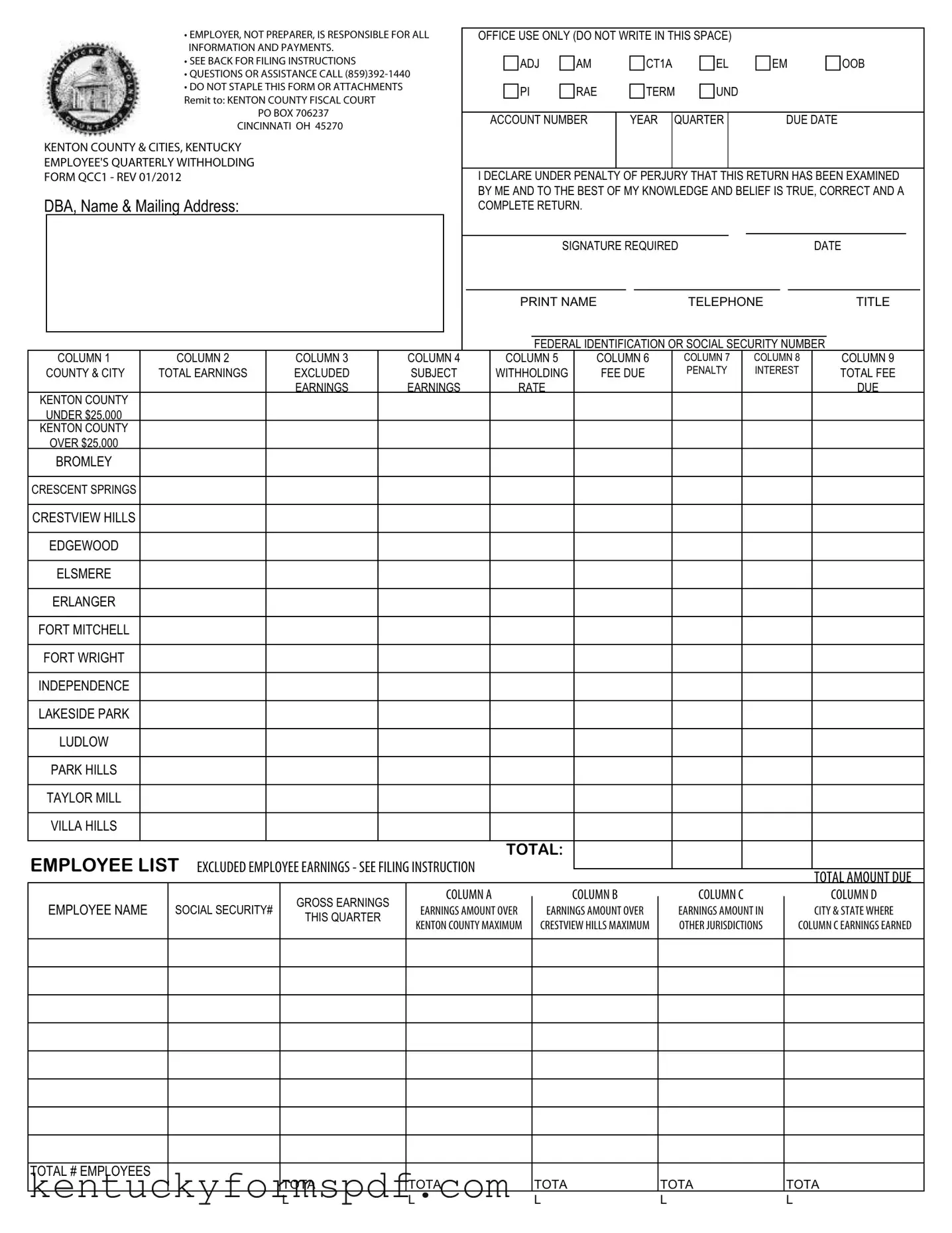 Fill in a Valid Kentucky Qcc1 Template