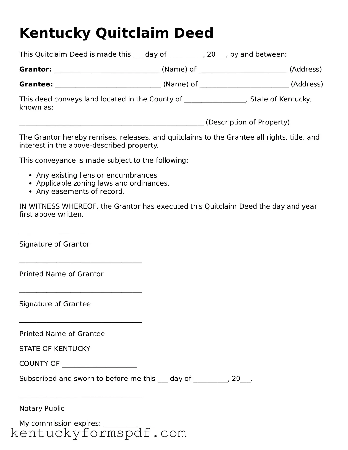 Valid Quitclaim Deed Template for Kentucky State