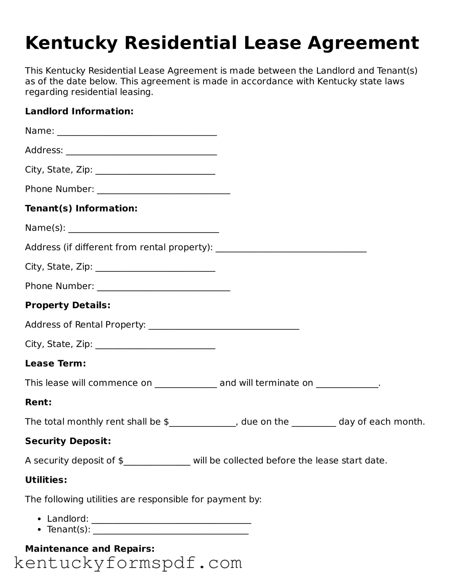 Valid Residential Lease Agreement Template for Kentucky State