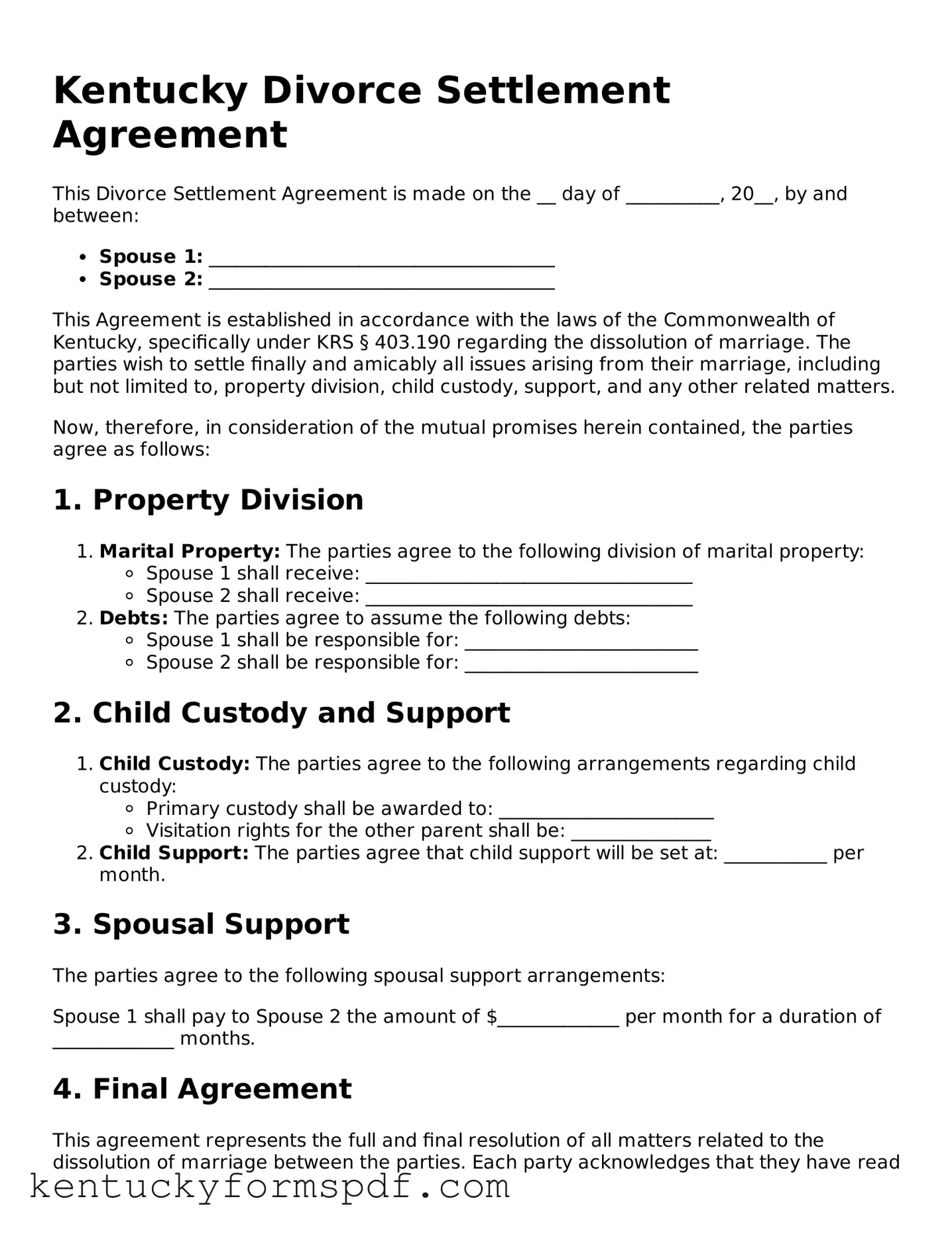 Valid Divorce Settlement Agreement Template for Kentucky State