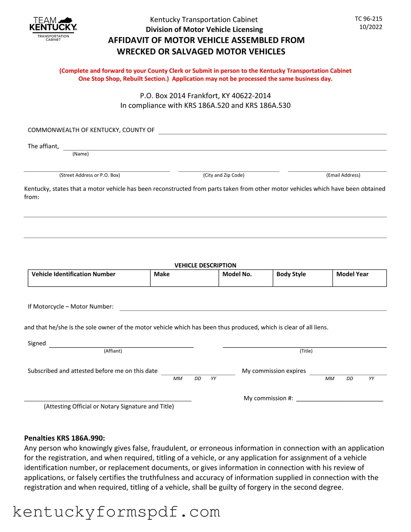 Fill in a Valid Kentucky Tc 96 215 Template