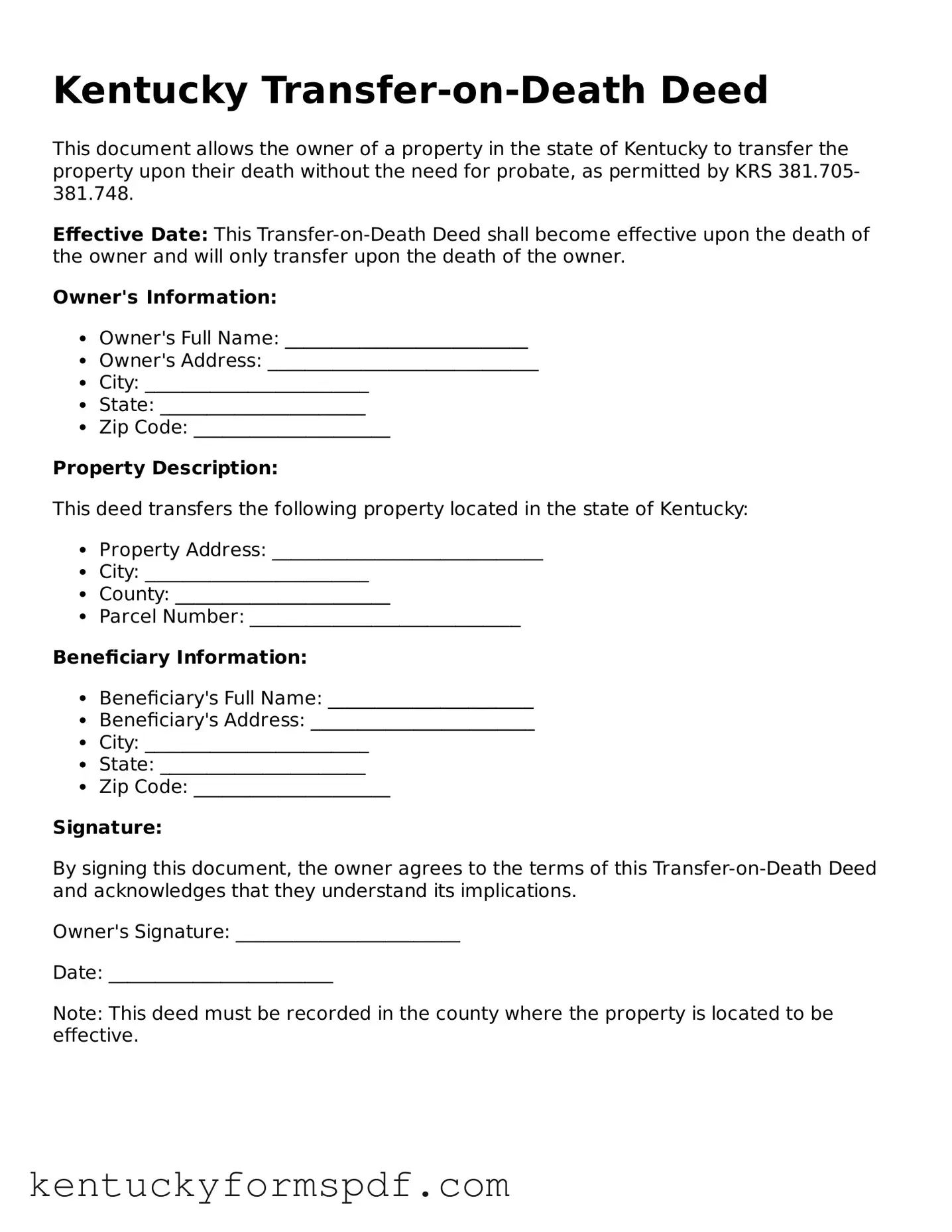 Valid Transfer-on-Death Deed Template for Kentucky State