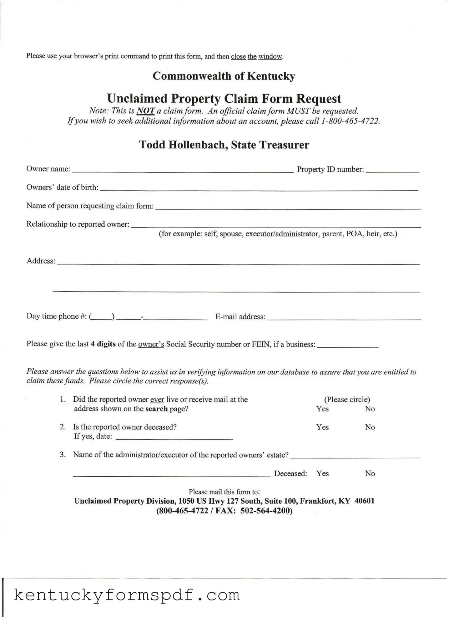 Fill in a Valid Kentucky Unclaimed Property Reporting Template