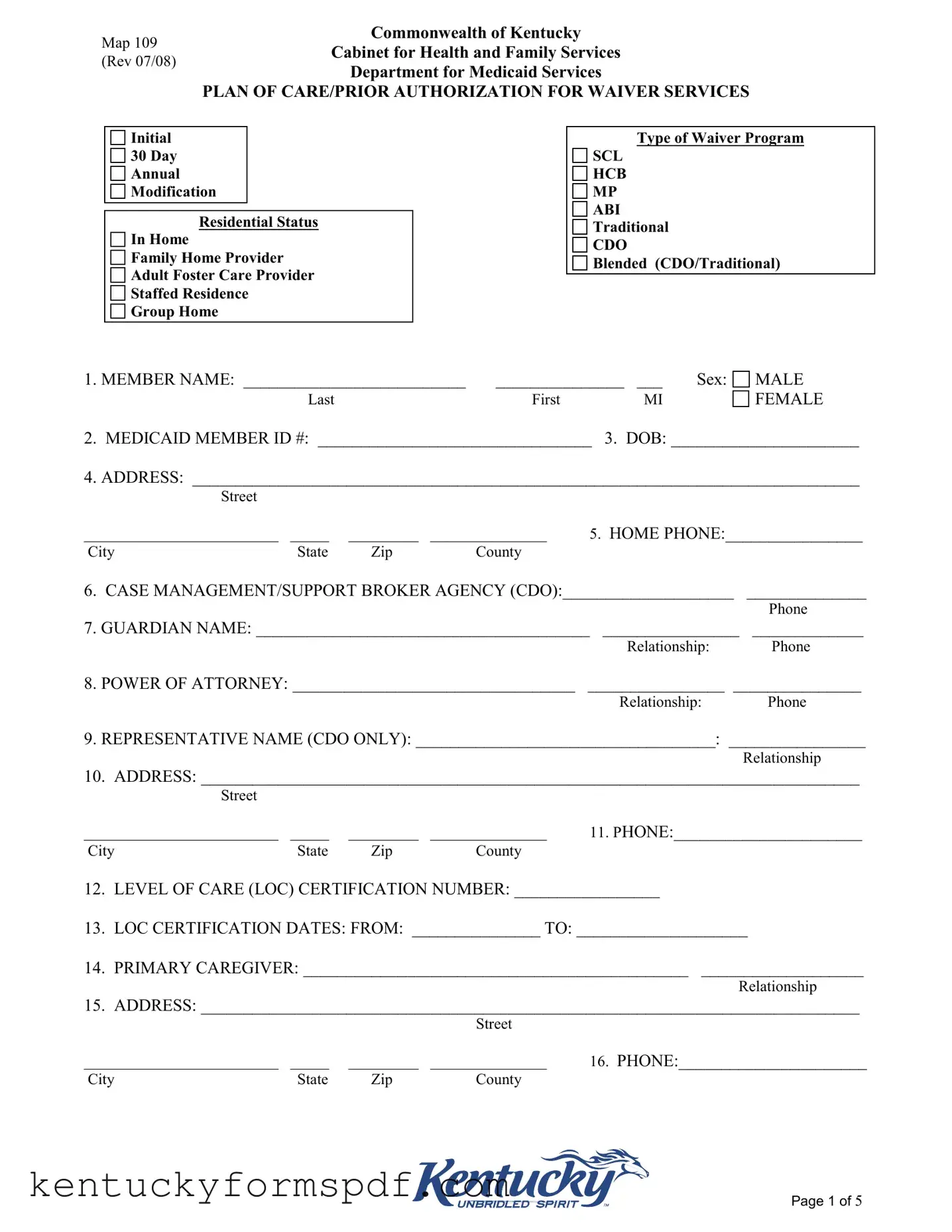 Fill in a Valid Map 109 Kentucky Template