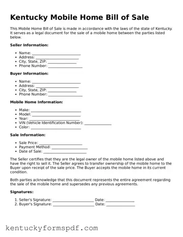 Valid Mobile Home Bill of Sale Template for Kentucky State