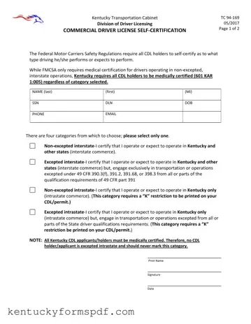 Fill in a Valid Kentucky Cdl Self Certification Template