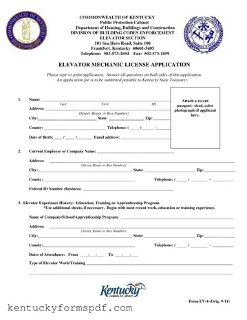 Fill in a Valid Kentucky Elevator Mechanic License Template