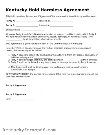 Valid Hold Harmless Agreement Template for Kentucky State