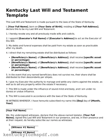 Valid Last Will and Testament Template for Kentucky State