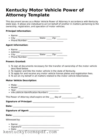 Valid Motor Vehicle Power of Attorney Template for Kentucky State