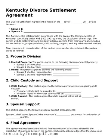 Valid Divorce Settlement Agreement Template for Kentucky State